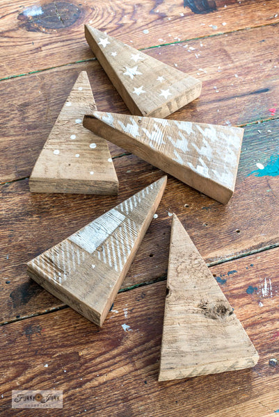 Mini Christmas Patterns and Buffalo Check and Houndstooth - small stencil designs are used to decorate these adorable scrap wood trees! With Funky Junk's Old Sign Stencils. 