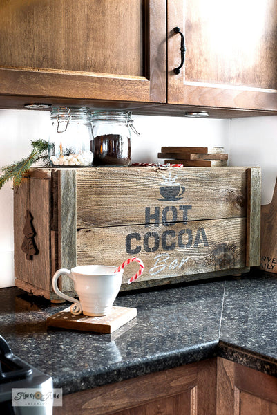 Create a charming Hot Cocoa appliance garage with reclaimed wood and Funky Junk's Old Sign Stencils!