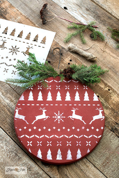 Make a Christmas sweater styled lazy susan or wood ornament from a wood round with Funky Junk's Old Sign Stencils!