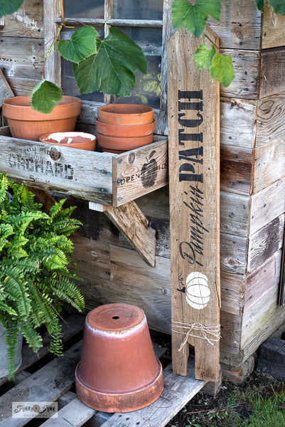 Stencil this charming rustic Pumpkin Patch fall sign with Funky Junk's Old Sign Stencils! Stencils: Pumpkin Patch and Fall Produce.