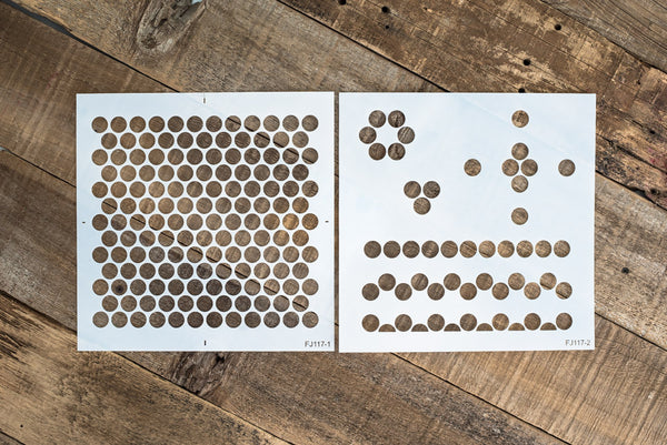 The Penny Tile stencil by Funky Junk's Old Sign Stencils is a reusable, repeating pattern 2-piece stencil kit that mimics the look of classic penny tiles! Included is a Tile stencil, as well as a Designs stencil to easily add designs and borders to your tiles!