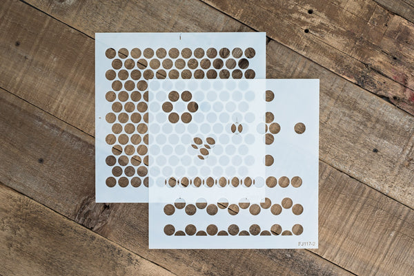 The Penny Tile stencil by Funky Junk's Old Sign Stencils is a reusable, repeating pattern 2-piece stencil kit that mimics the look of classic penny tiles! Included is a Tile stencil, as well as a Designs stencil to easily add designs and borders to your tiles!