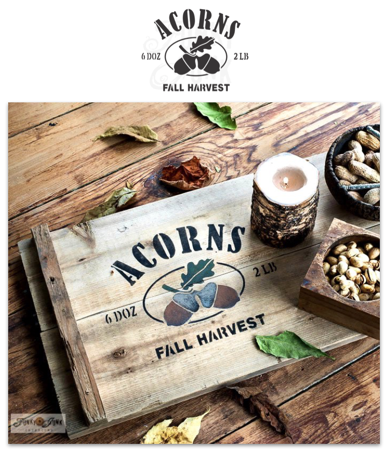 Acorns all-season or fall stencil by Funky Junk's Old Sign Stencils is a nut orchard themed stencil. Comes with bold text along with 2 capped acorn graphics and a leaf. Perfectly sized to stencil a harvested fall nut vibe onto crates, throw pillows, grain sacks or signs.