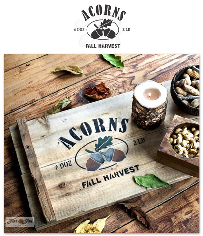 Acorns all-season or fall stencil by Funky Junk's Old Sign Stencils is a nut orchard themed stencil. Comes with bold text along with 2 capped acorn graphics and a leaf. Perfectly sized to stencil a harvested fall nut vibe onto crates, throw pillows, grain sacks or signs.