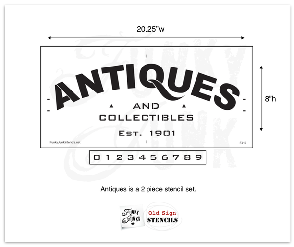 Antiques stencil by Funky Junk's Old Sign Stencils. Celebrate your love for vintage collections, by painting your own old Antiques sign onto reclaimed wood, furniture, etc!