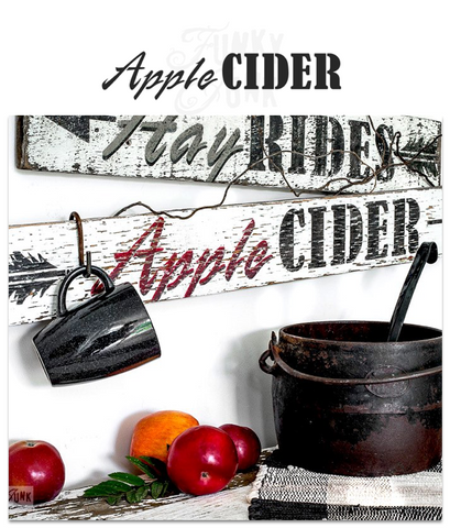 Apple Cider stencil by Funky Junk's Old Sign Stencils is the perfect stencil for fall,  Halloween or everyday decorating! Create a sign on reclaimed wood, use it on furniture, or anywhere desired! Collect all our fall signs that match - Corn Maze, Hay Rides and Apple Cider. Bring your signs to life by adding Arrow Kit and Fall Graphics!