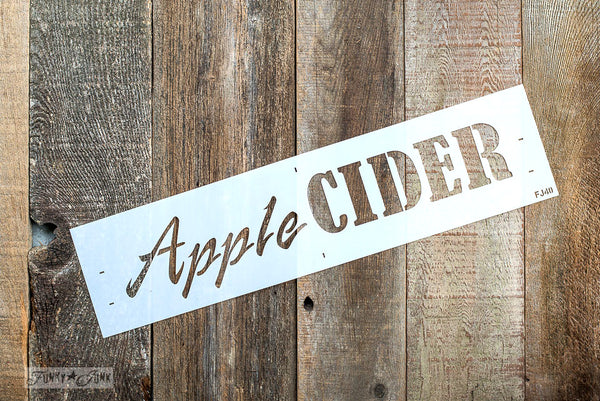 Apple Cider stencil by Funky Junk's Old Sign Stencils is the perfect stencil for fall,  Halloween or everyday decorating! Create a sign on reclaimed wood, use it on furniture, or anywhere desired! Collect all our fall signs that match - Corn Maze, Hay Rides and Apple Cider. Bring your signs to life by adding Arrow Kit and Fall Graphics!