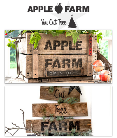 Apple Farm | You Cut Tree is a 2-piece stencil kit, offering mix and match all season designs! Stenciled vintage inspired sign designs that offer professional results.