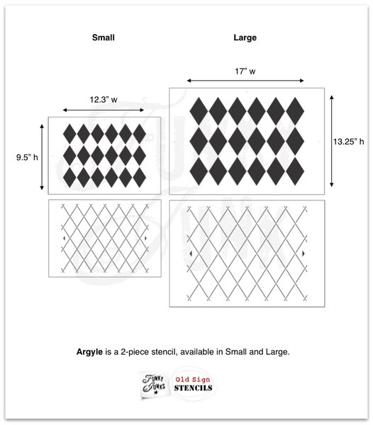 Argyle by Funky Junk's Old Sign Stencils, is a 2-piece stencil available in Small and Large. It's now possible to stencil this classic pattern onto any surface that accepts paint! The two sizes offer the perfect scales for small projects, or larger such as furniture.