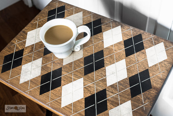 Argyle by Funky Junk's Old Sign Stencils, is a 2-piece stencil available in Small and Large. It's now possible to stencil this classic pattern onto any surface that accepts paint! The two sizes offer the perfect scales for small projects, or larger such as furniture.