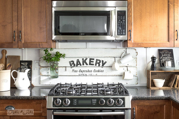 Make this shiplap farmhouse styled kitchen sign with BAKERY Pies Cupcakes Cookies stencil by Funky Junk's Old Sign Stencils