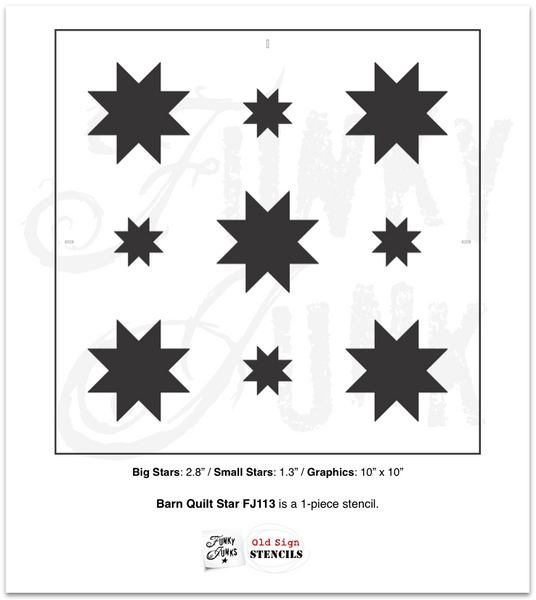 Barn Quilt Star by Funky Junk's Old Sign Stencils is a repeating, reusable pattern stencil that mimics popular vintage star tiles! Images include rotating large and small quilt stars designed to repeat. Perfectly scaled for smaller projects to get the look of larger tile stars.
