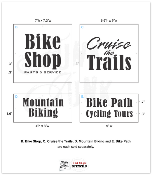 The Bike Collection stencils by Funky Junk's Old Sign Stencils offers many unique ways to customize! Includes an adaptable bike (male / female / sports / cruiser), bike basket, crate, dog, cat, flowers, and various bike sayings such as Bike the Trails, Cruise the Trails, Mountain Biking, Bike Path, and Cycling Tours.