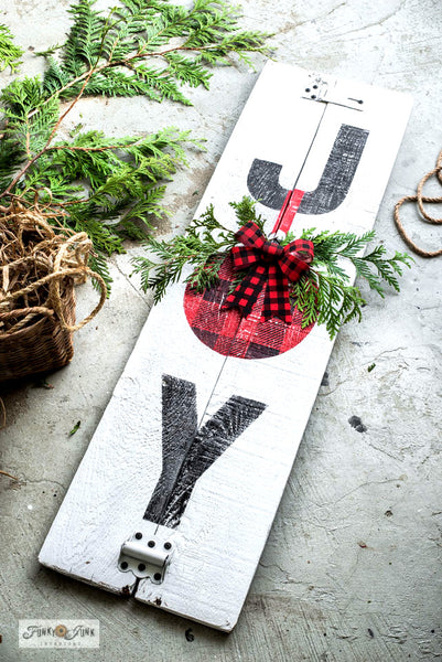 Learn how to stencil this festive JOY sign with a Buffalo Checked ornament! Made with Funky Junk's Old Sign Stencils.