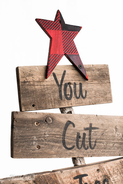 Stencil this whimsical You Cut Tree Farm rustic tree-shaped sign with Funky Junk's Old Sign Stencils!