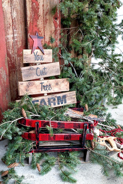 Stencil this whimsical You Cut Tree Farm rustic tree-shaped sign with Funky Junk's Old Sign Stencils!
