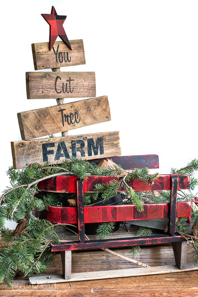 Stencil this whimsical You Cut Tree Farm rustic tree-shaped sign with Funky Junk's Old Sign Stencils!