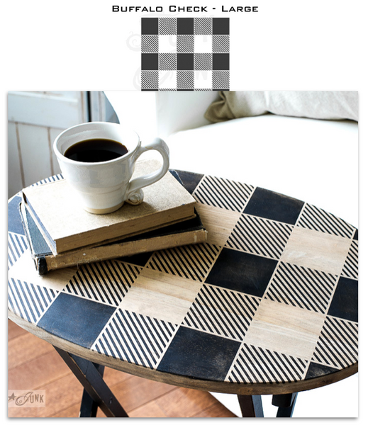 Buffalo Check - Large stencil by Funky Junk's Old Sign Stencils is a large scaled buffalo plaid stencil suitable for larger projects such as furniture, floors, walls, and doormats. The pattern stencil squares measure 3" each, with the overall stencil pattern a generous 15" x 21". This durable  pattern stencil is designed for quick and easy coverage.