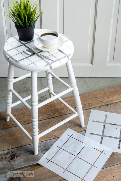 PLAID SHIRT stencil by Funky Junk's Old Sign Stencils is a 2-piece plaid pattern stencil kit designed to get the look of a plaid pattern! This plaid pattern stencil comes with a sheet of thicker and thinner grid lines that overlap, creating a true plaid pattern. For pillows, placemats, table runners, furniture, plus!
