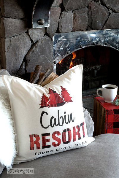 Create this charming Cabin Resort pillow with a side of cabin-styled Buffalo Check, also perfect for Christmas! With Funky Junk's Old Sign Stencils