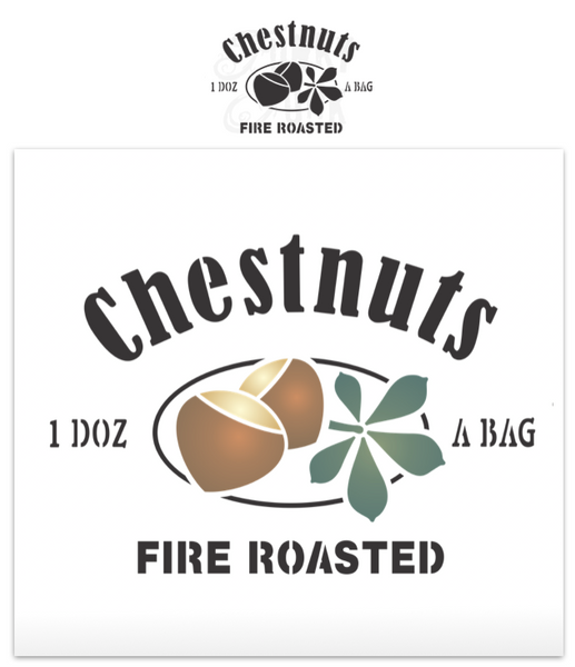 Chestnuts Fire Roasted stencil by Funky Junk's Old Sign Stencils is a Christmas stencil with a whimsical nut-theme! Designed with bold letters along with crate-styled serving info of 1 Doz A Bag, and a logo of 2 chestnut graphics nestled beside a chestnut tree leaf. Sized to create a pillow, tray or label a crate.
