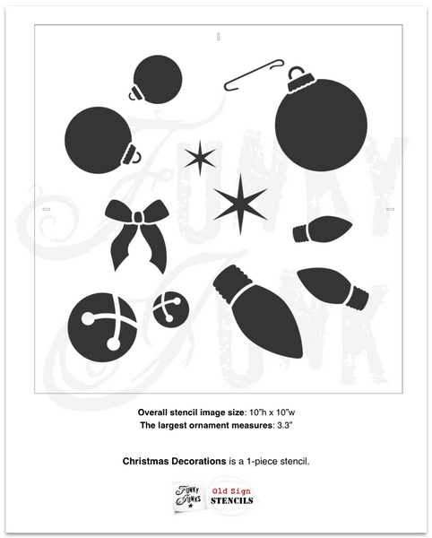 The Christmas Decorations stencil is a charming Christmas ornament stencil kit filled with 3 sizes of Christmas lights, 3 sizes of Christmas ornaments, 2 twinkle stars, a Christmas bow and 2 sizes of sleigh bells. It's the perfect companion to add festive Christmas decorations to your other stencil projects!