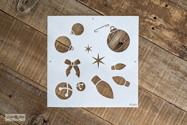 The Christmas Decorations stencil is a charming Christmas ornament stencil kit filled with 3 sizes of Christmas lights, 3 sizes of Christmas ornaments, 2 twinkle stars, a Christmas bow and 2 sizes of sleigh bells. It's the perfect companion to add festive Christmas decorations to your other stencil projects!