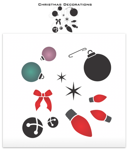 The Christmas Decorations stencil is a charming Christmas ornament stencil kit filled with 3 sizes of Christmas lights, 3 sizes of Christmas ornaments, 2 twinkle stars, a Christmas bow and 2 sizes of sleigh bells. It's the perfect companion to add festive Christmas decorations to your other stencil projects!