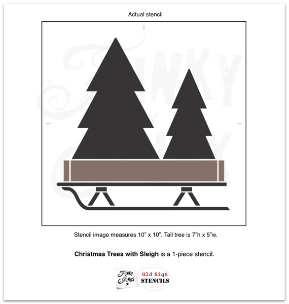 Christmas Trees with Sleigh is a Christmas sign stencil that celebrates creative tree decorating! Designed with two evergreen trees tucked inside a rustic crate tree skirt set on top of a sleigh. The trees are plain so you can decorate them as desired! Sized perfectly for throw pillows or as a Christmas sign.