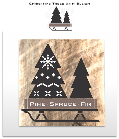 Fill your projects with festive winter vibes with the Christmas Trees with Sleigh stencil! This Christmas stencil design features two Christmas trees tucked into a crate placed on top of a sleigh, ready to be decorated! Sized perfectly for throw pillows or as a compact sign for Christmas decorating.