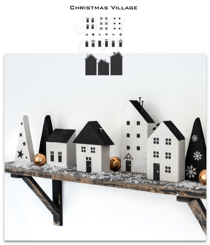 Christmas Village stencils by Funky Junk's Old Sign Stencils is a Christmas stencil kit that makes stenciling your own Christmas Village or wooden houses with ease! Includes 3 house images, with a selection of windows, doors and features such as a snowflake, heart and star. Designed to fit 2x4s to create wooden houses.