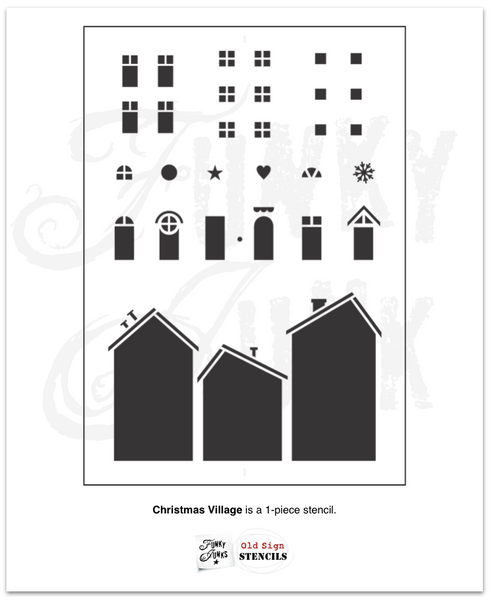 Christmas Village stencils by Funky Junk's Old Sign Stencils is a Christmas stencil kit that makes stenciling your own Christmas Village or wooden houses with ease! Includes 3 house images, with a selection of windows, doors and features such as a snowflake, heart and star. Designed to fit 2x4s to create wooden houses.