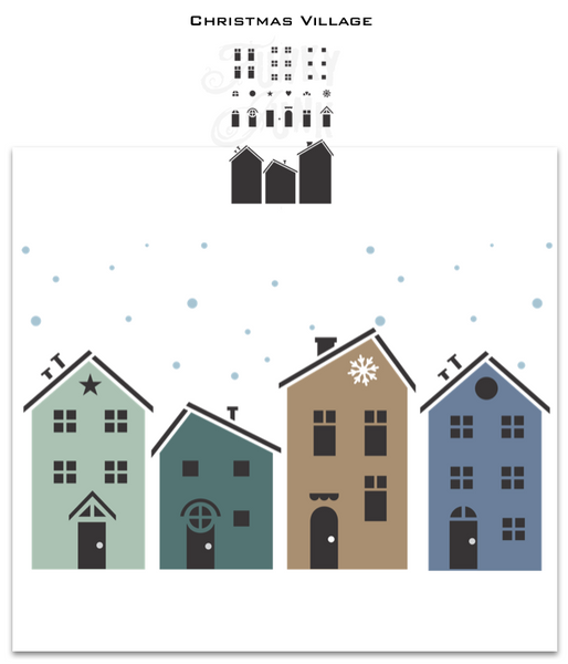 Christmas Village stencils by Funky Junk's Old Sign Stencils is a Christmas stencil kit that makes stenciling your own Christmas Village or wooden houses with ease! Includes 3 house images, with a selection of windows, doors and features such as a snowflake, heart and star. Designed to fit 2x4s to create wooden houses.
