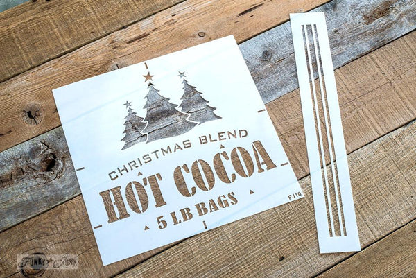 Christmas Blend Hot Cocoa 5 LB Bags is a charming grain sack styled stencil with a group of 3 festive hand drawn Christmas trees, quirky stars and grain sack styled letters. Included is a grain sack stripe to complete the look! By Funky Junk's Old Sign Stencils.