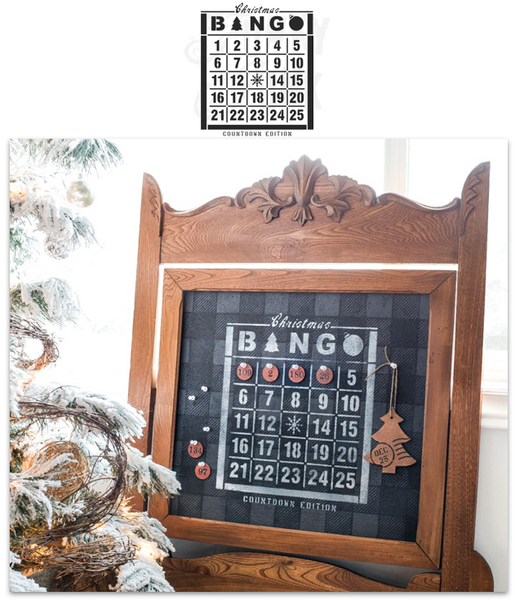 Christmas Countdown Bingo is a unique vintage Christmas-themed stencil designed to countdown Christmas from December 1st to the 25th. Designed on a Bingo Card with an ornament and tree graphic. Perfect for signs, pillows, as gifts, and of course, for the Bingo lover in your life! By Funky Junk's Old Sign Stencils.