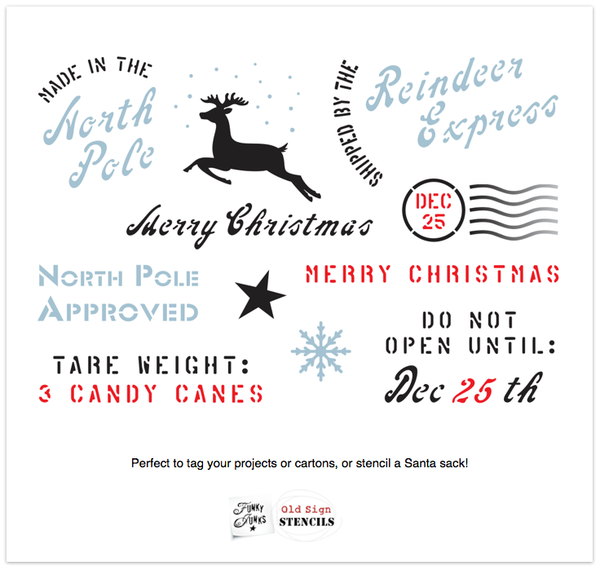 Christmas Crates is a unique Christmas crate-themed stencil filled with festive greetings and shipping stamp labels so you can stencil your projects, gifts or packages shipping crate style! Includes a reindeer, snowflake and star graphics.