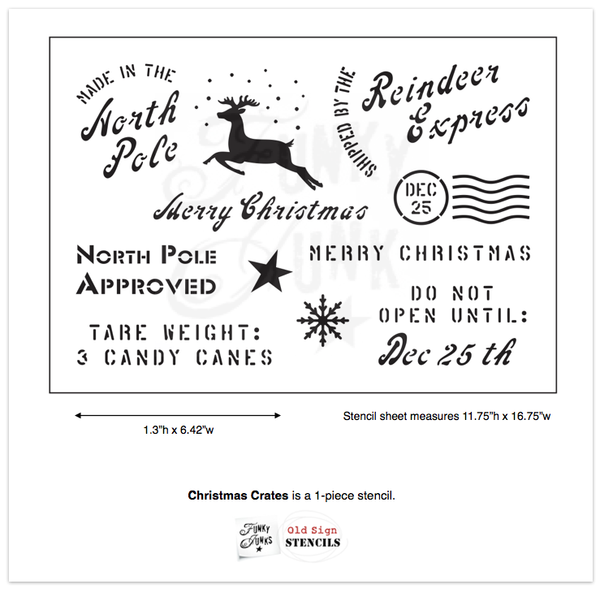 Christmas Crates is a unique Christmas crate-themed stencil filled with festive greetings and shipping stamp labels so you can stencil your projects, gifts or packages shipping crate style! Includes a reindeer, snowflake and star graphics.