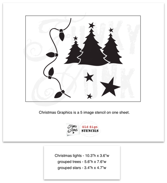 Add whimsical Christmas trees, lights or stars to your crafts with Christmas Graphics stencil, by Funky Junk's Old Sign Stencils