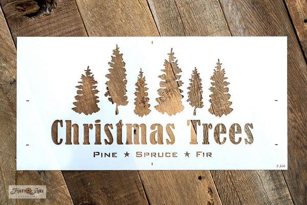 Christmas Trees is a charming Christmas tree farm-styled stencil design that includes text and a forest of 6 randomly sized hand drawn trees. By Funky Junk's Old Sign Stencils.