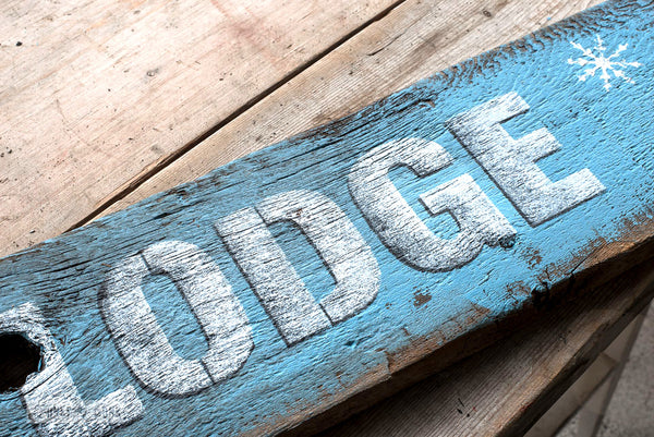 Winter directional signs made with Ski Lodge by Funky Junk's Old Sign Stencils. Paint professional looking winter themed ski lodge signs onto reclaimed wood in minutes with this design! Team with Winter Graphics for whimsical snowflakes!