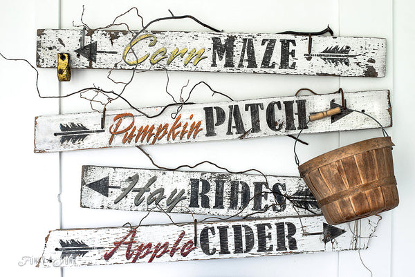Corn Maze fall stencil by Funky Junk's Old Sign Stencils is the perfect stencil for fall or Halloween decorating! Create a sign on reclaimed wood, use it on furniture, or anywhere desired! Collect all our fall signs that match - Corn Maze, Hay Rides and Apple Cider.
