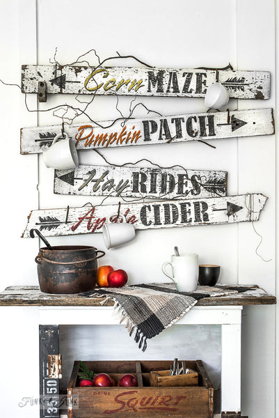 Chippy rustic Corn Maze, Pumpkin Patch, Hay Rides, Apple Cider arrow signs with Funky Junk's Old Sign Stencils
