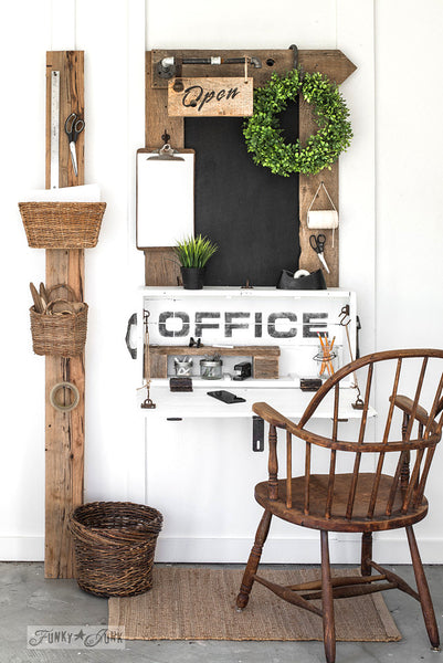 Make this lidded crate into a compact office sign desk with bulletin painted chalkboard loaded with farmhouse charm with Funky Junk's Old Sign Stencils!