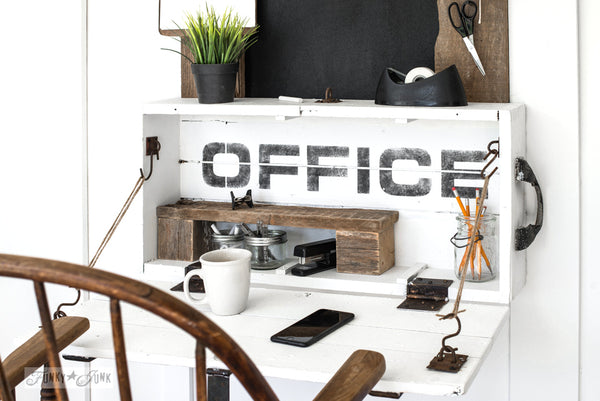 Make this lidded crate into a compact office sign desk with bulletin painted chalkboard loaded with farmhouse charm with Funky Junk's Old Sign Stencils!