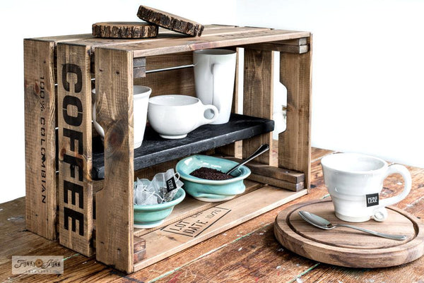 Make this compact rustic coffee station with an Ikea crate teamed up with Fresh Coffee and Shipping Crate Stamps from Funky Junk's Old Sign Stencils!