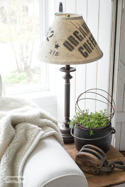 Learn how to make a DIY lamp makeover in a coffee cloth sack style with Organic Coffee from Funky Junk's Old Sign Stencils!