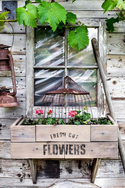 Enhance DIY window box planters with the Fresh Cut Flowers stencil by Funky Junk's Old Sign Stencils!