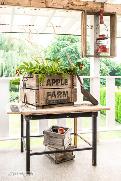Create this charming DIY crate themed with Apple Farm for fall! Made with Funky Junk's Old Sign Stencils