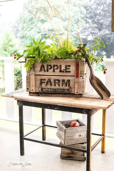 Create this charming DIY crate themed with Apple Farm for fall! Made with Funky Junk's Old Sign Stencils