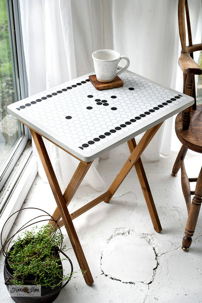 The Penny Tile stencil by Funky Junk's Old Sign Stencils is a reusable, repeating pattern 2-piece stencil kit that mimics the look of classic penny tiles! Included is a Tile stencil, as well as a Designs stencil to easily add designs and borders to your tiles!